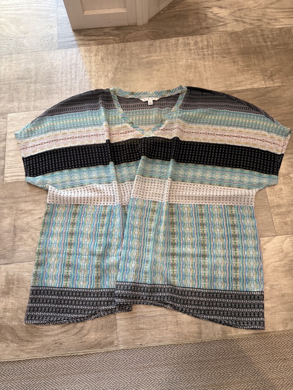 CAbi Striped V-Neck Tunic in Aqua, Black & White